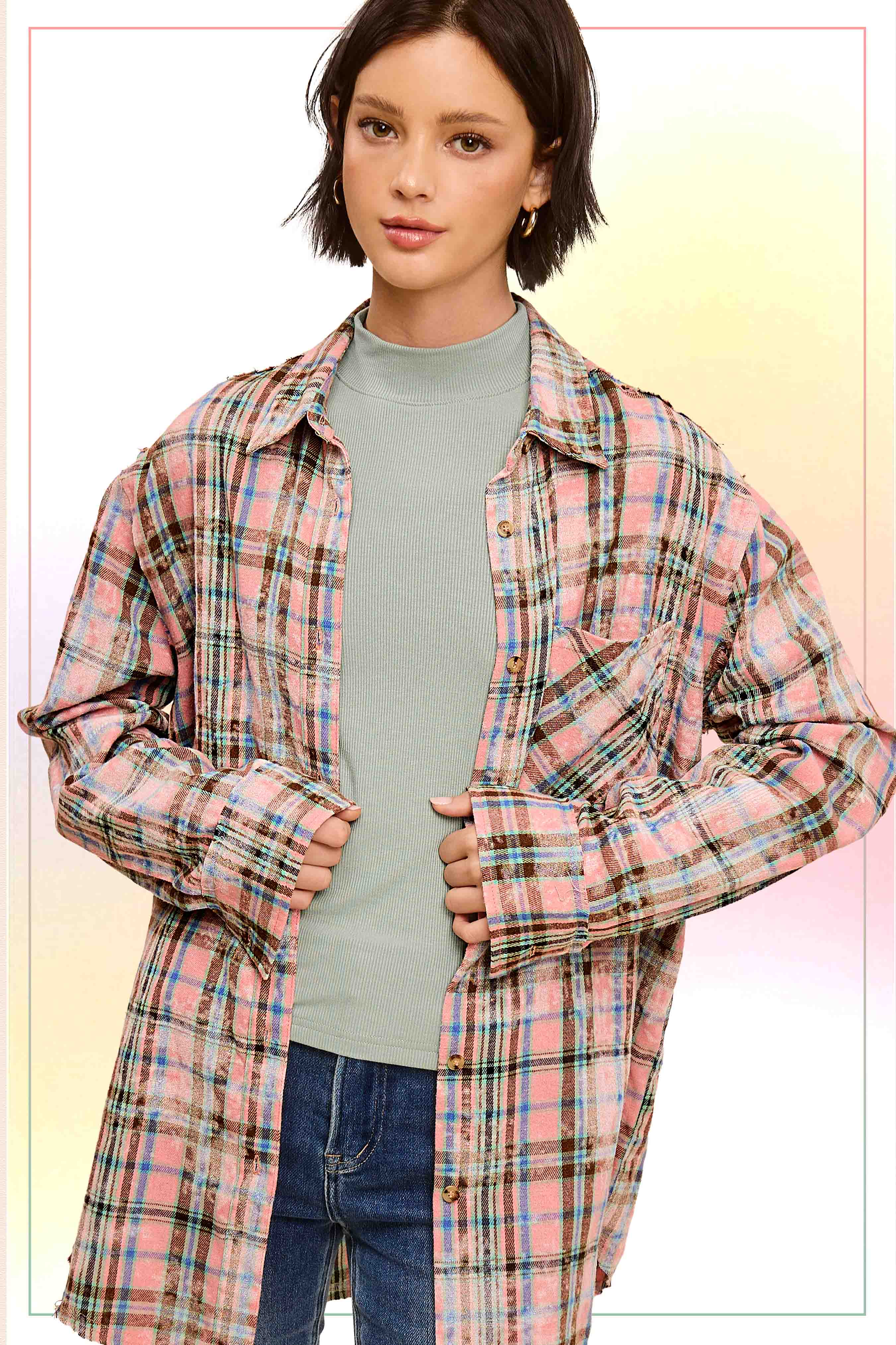 ACID WASHED CUT EDGE BUTTON DOWN PLAID SHIRT