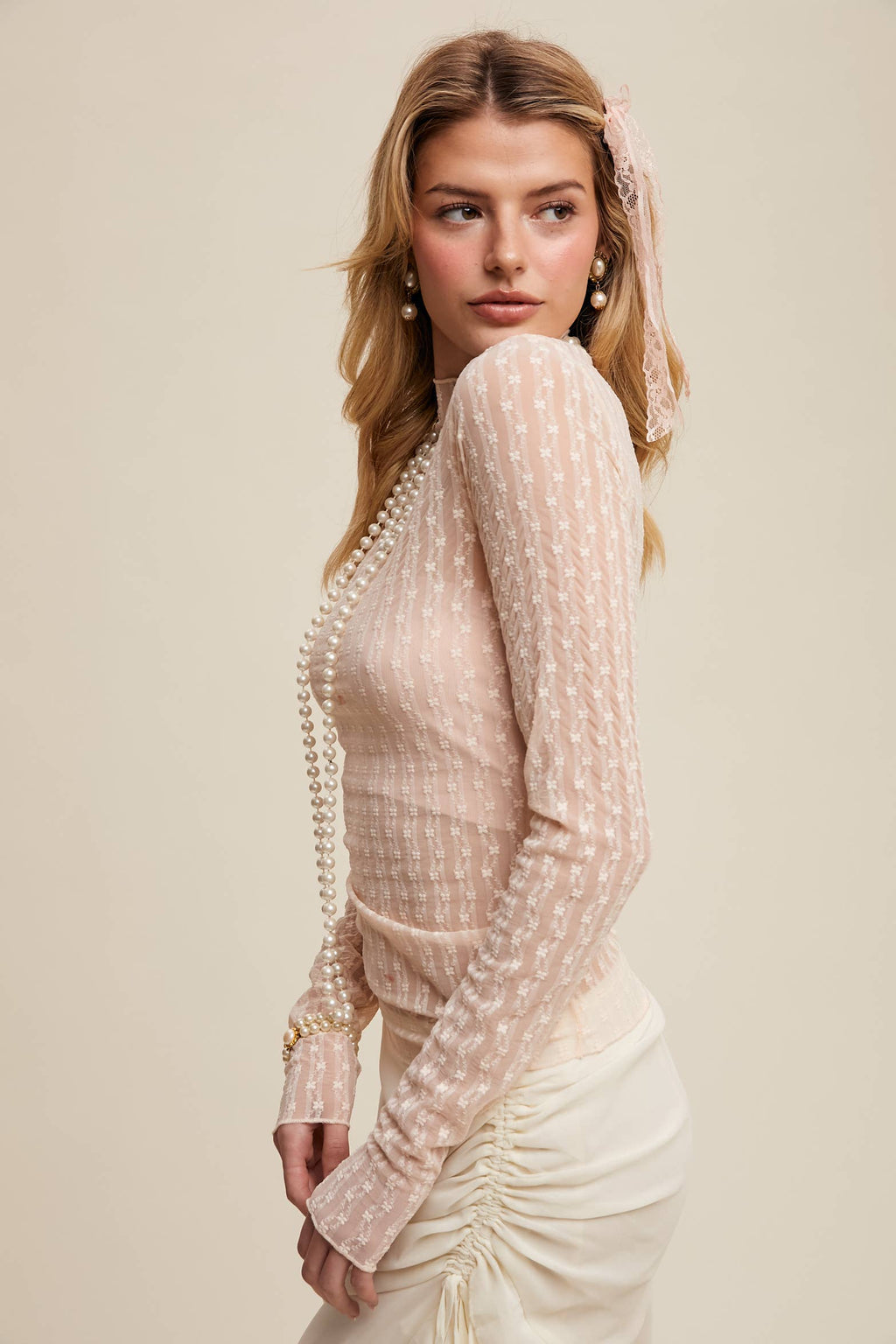 Semi Sheer Textured Lace Long-Sleeve Layering Top