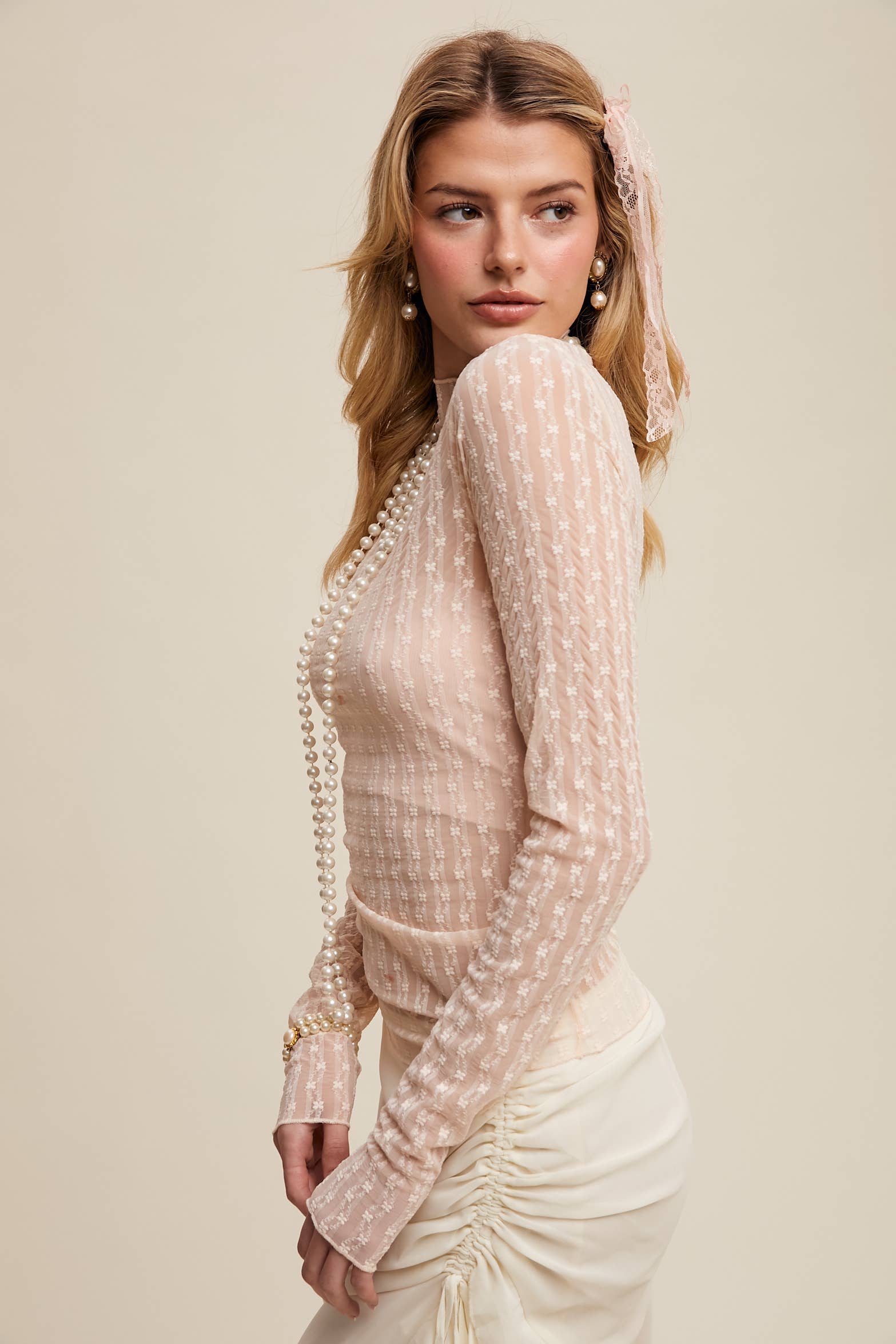 Semi Sheer Textured Lace Long-Sleeve Layering Top