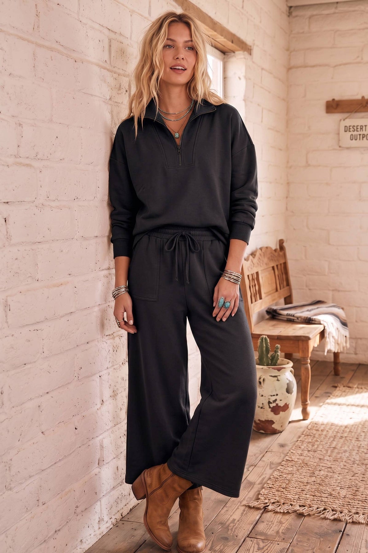 Half Zip Pullover & Wide Leg Pants Set