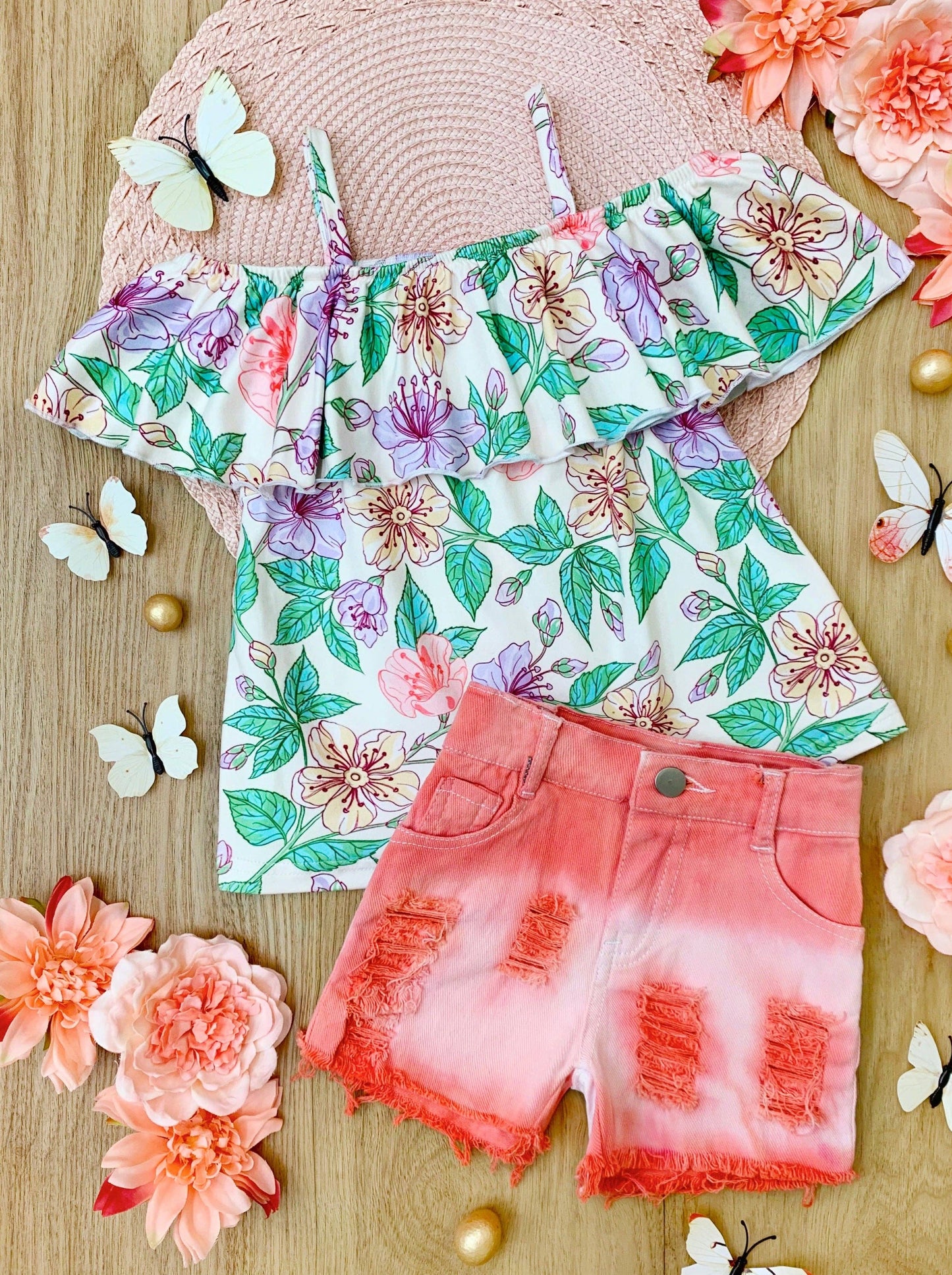 Floral Print Top w/ Ombre Denim Short Set