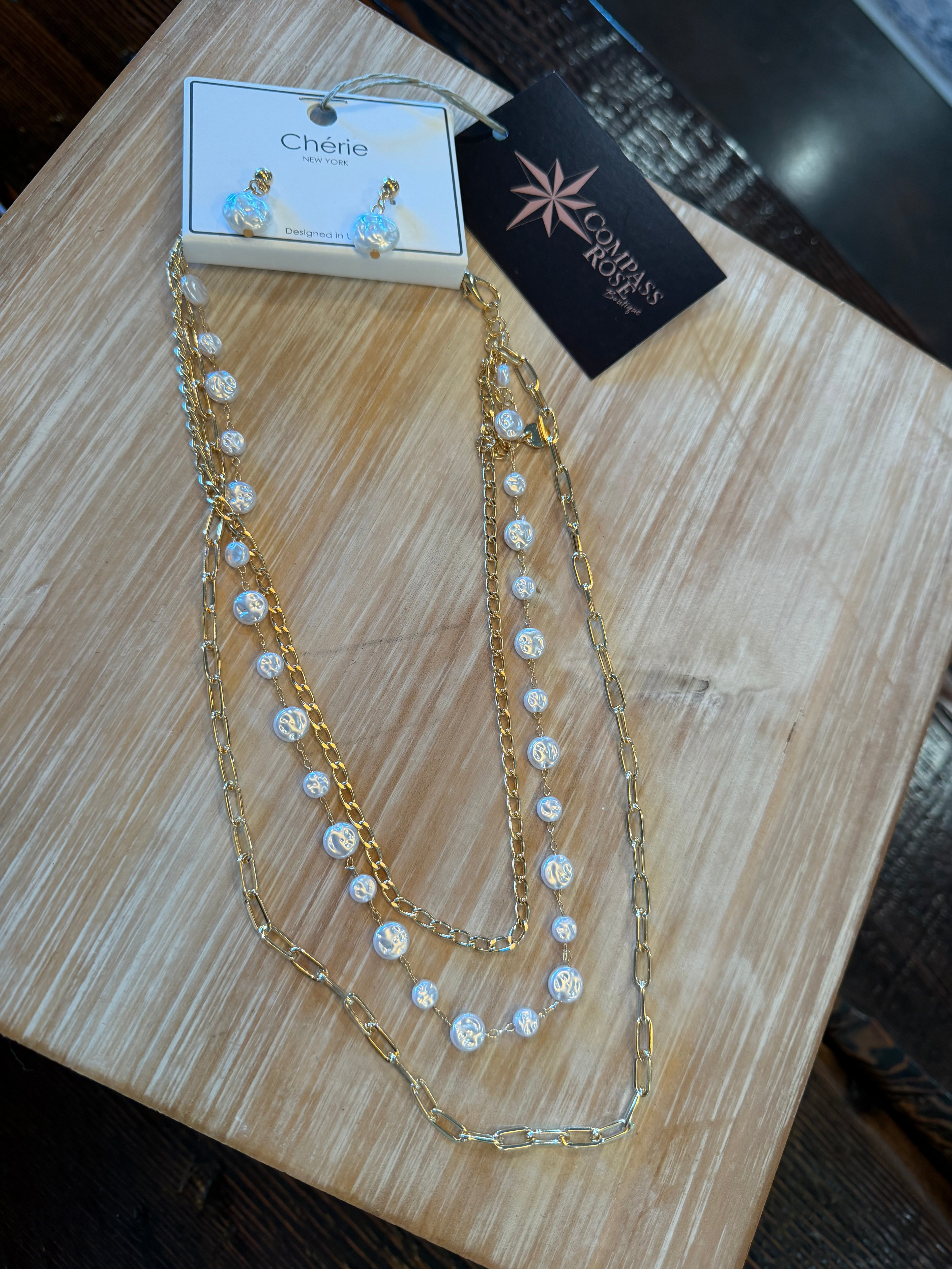 Pearl Bead and Gold Chain Trio Necklace