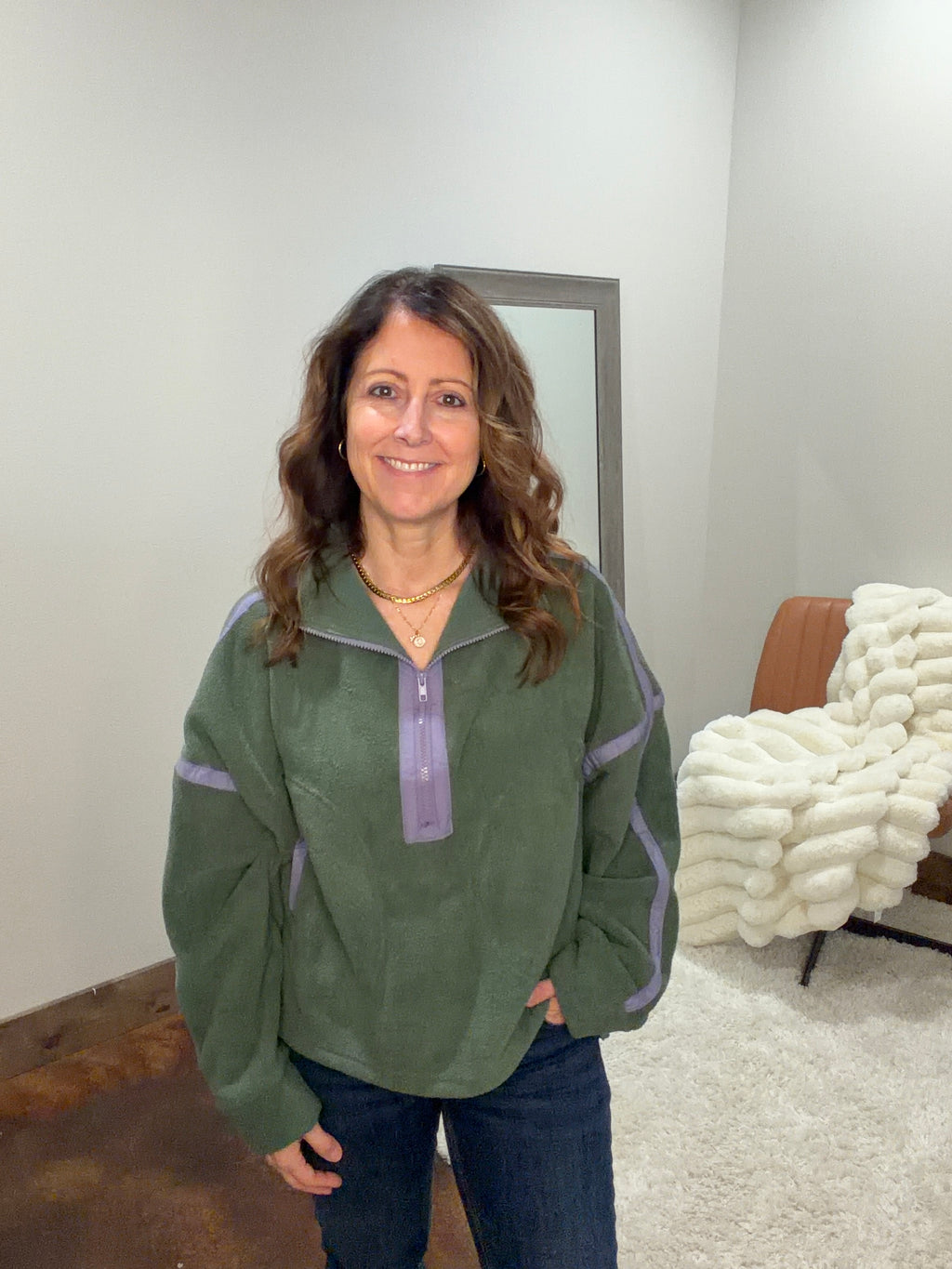 Contrast Trim Half-Zip Fleece Pullover