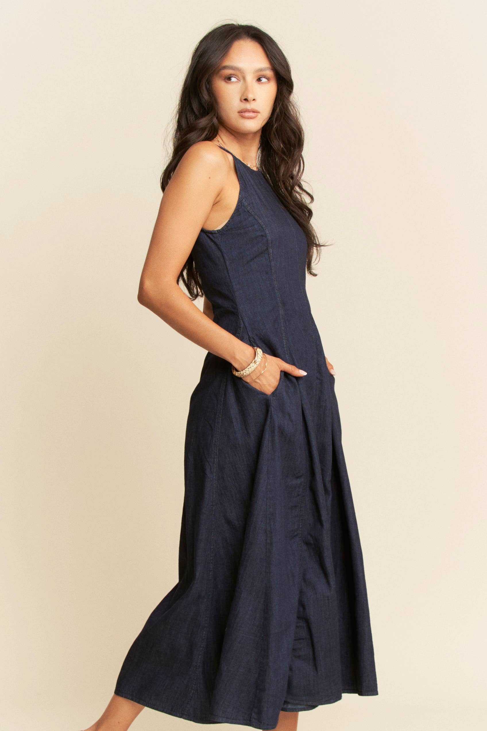 Denim Sleeveless Flare Maxi Dress