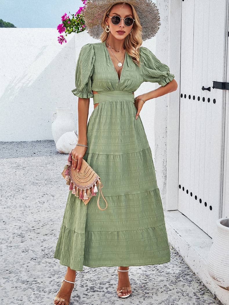 Smocked Back Tie Tiered Midi Dress