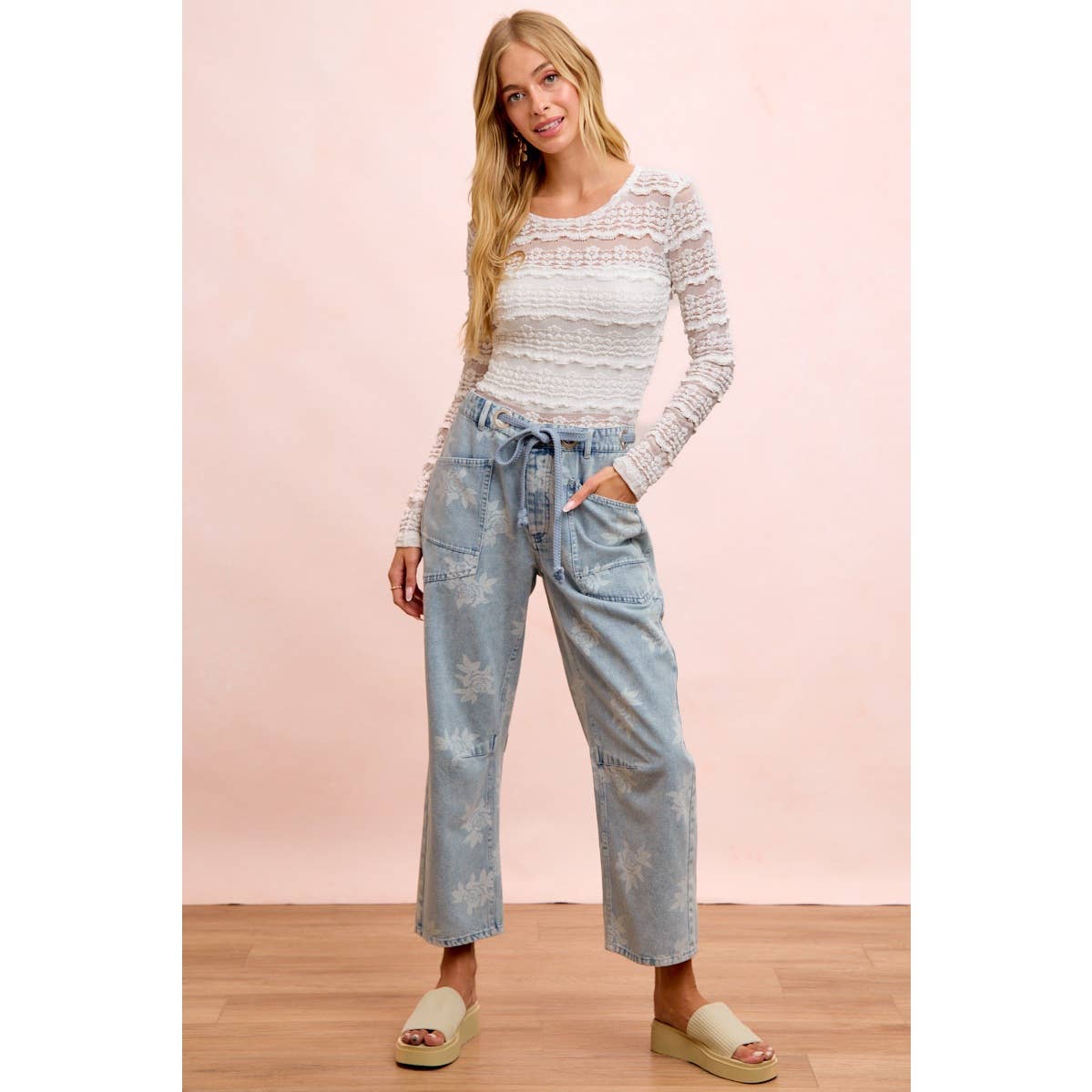 Rose Printed Washed Denim Pants