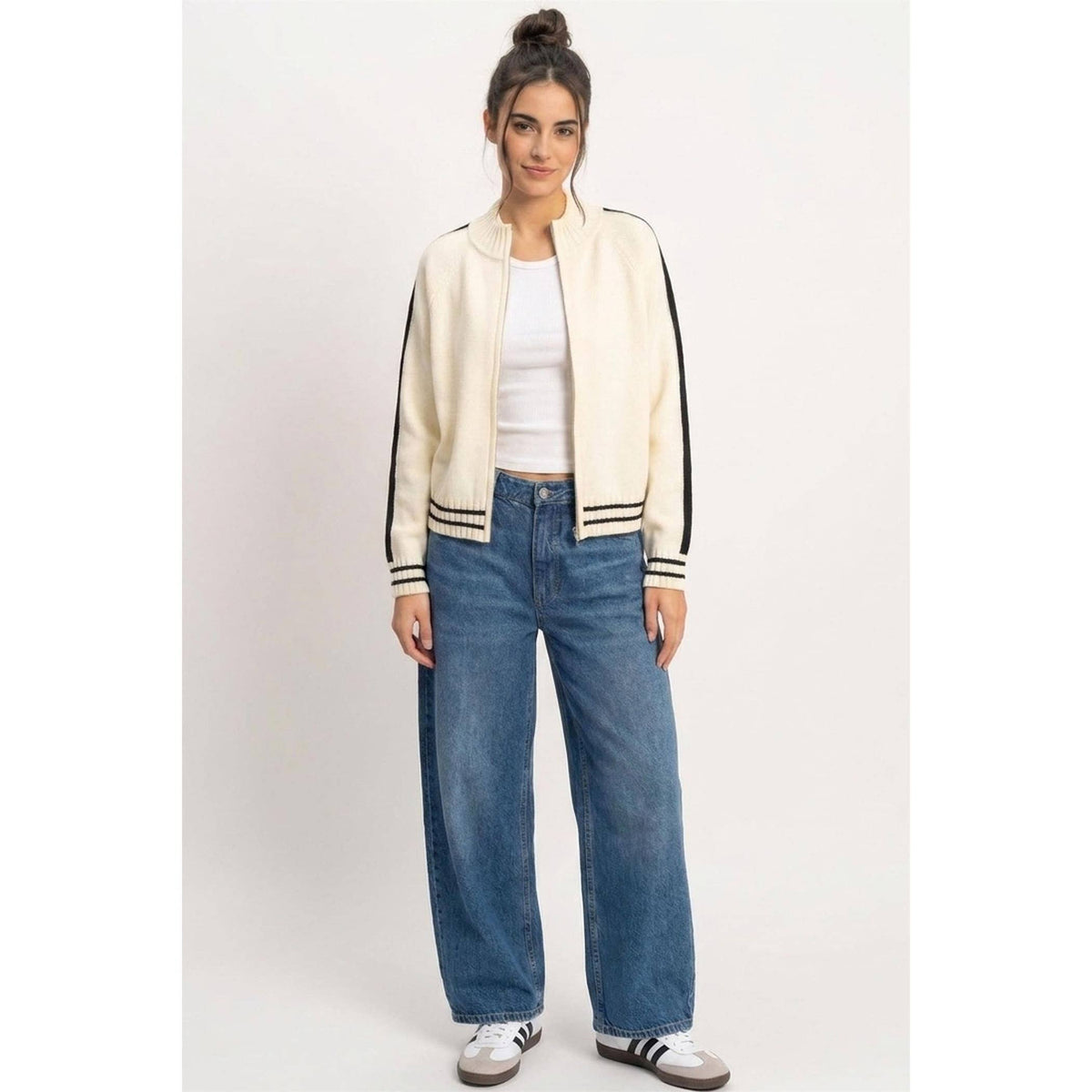 Contrast Stripe Zip-Up Sweater