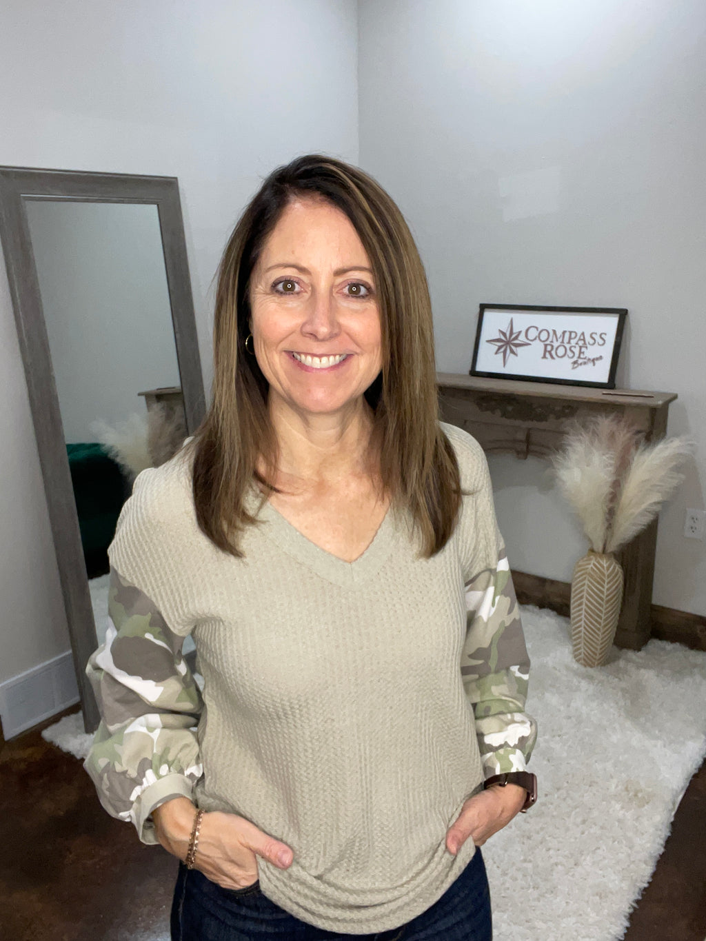 Camo Sleeve V-Neck Top