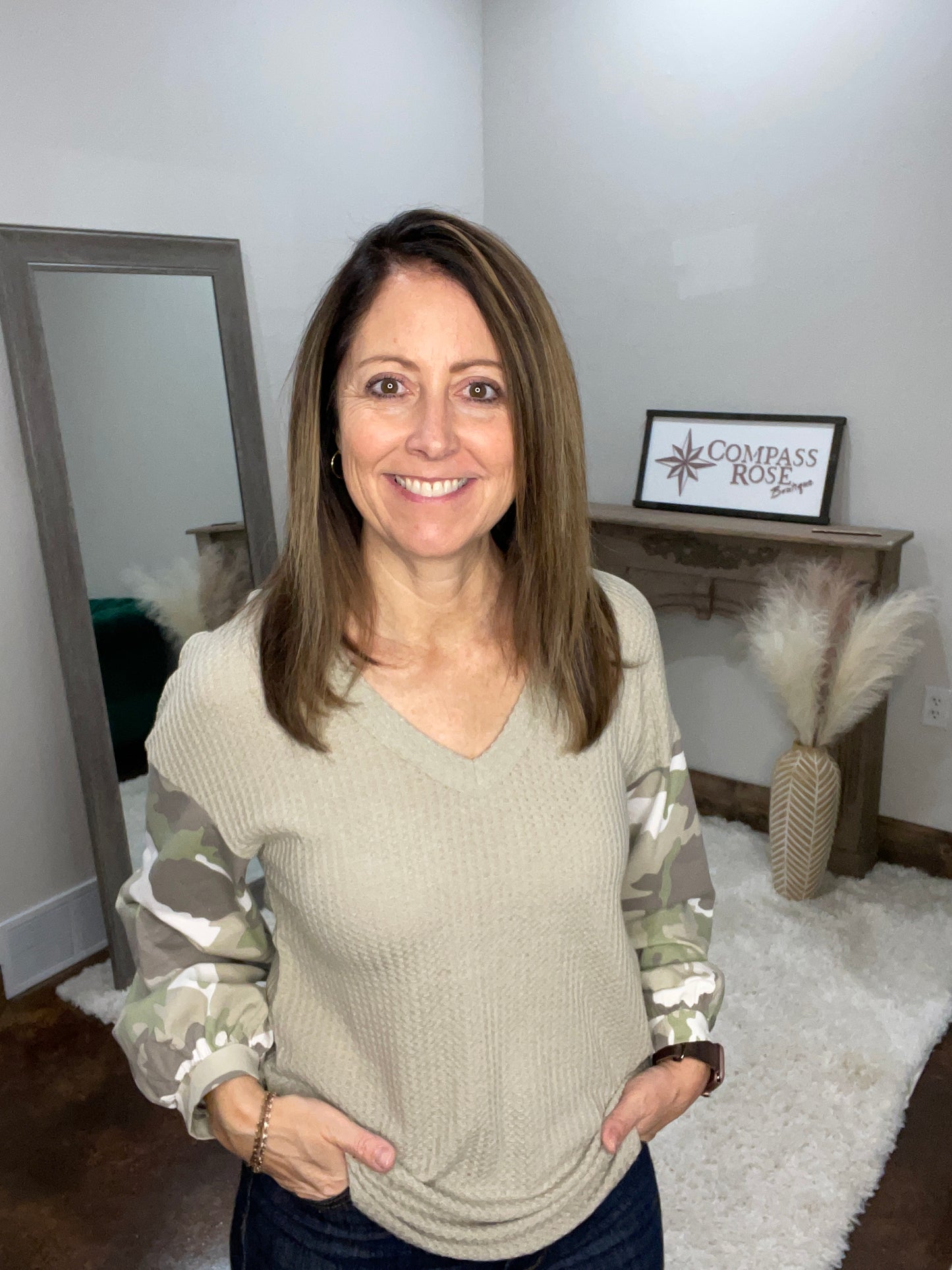 Camo Sleeve V-Neck Top