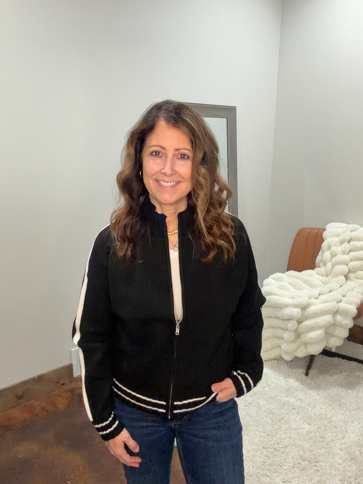 Contrast Stripe Zip-Up Sweater