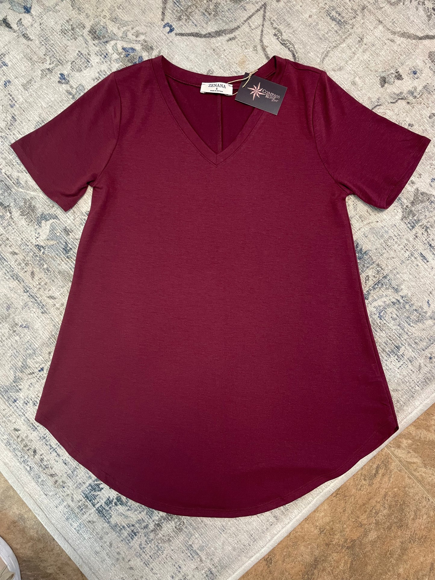 Short Sleeve V-Neck Round Hem Top