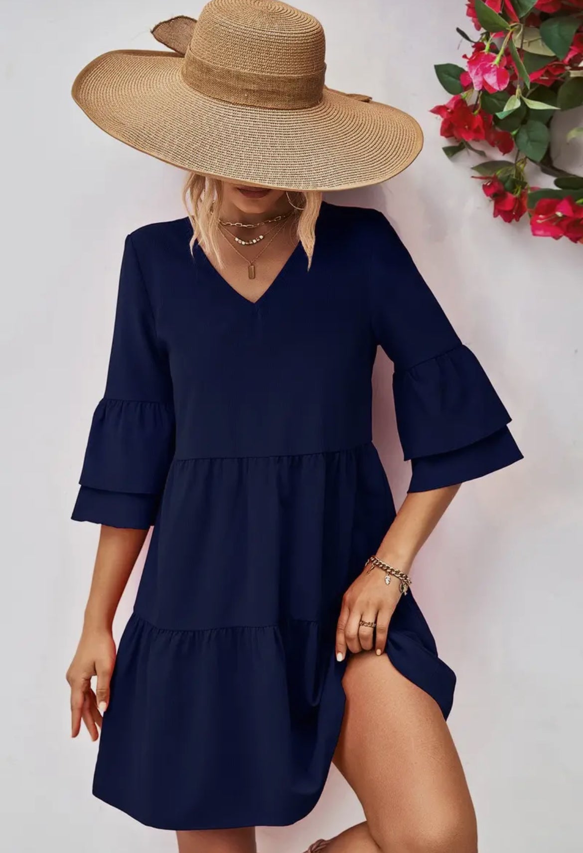 Flare Sleeved V-Neck Dress