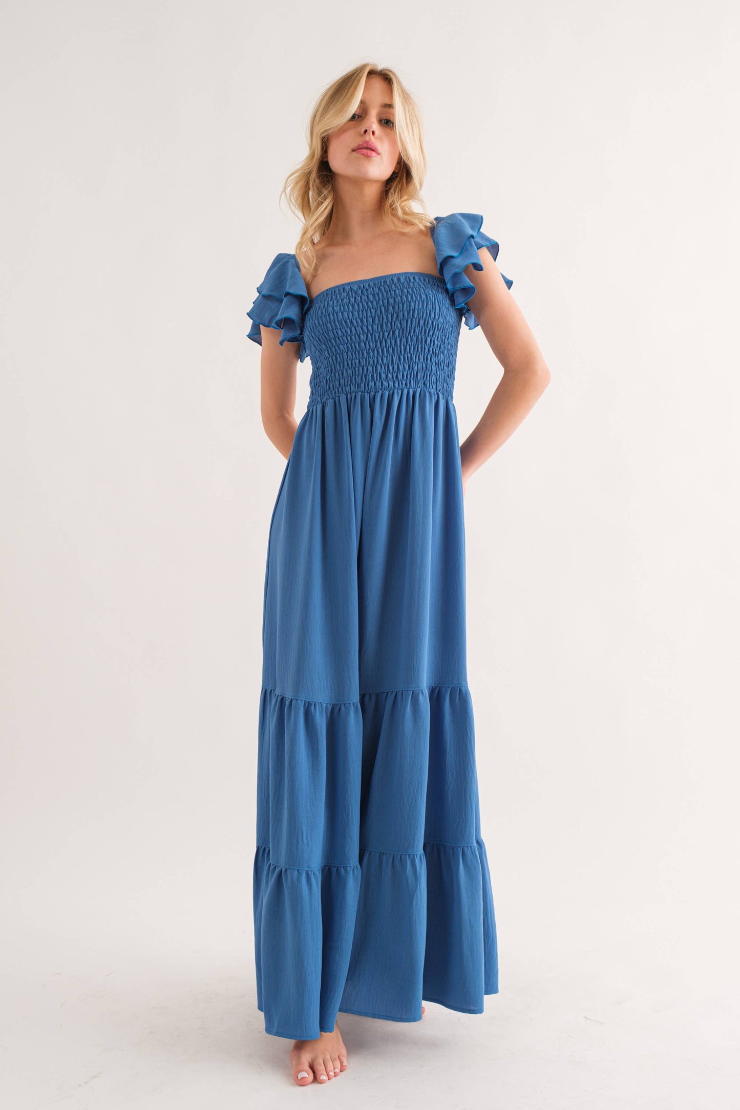 Solid Flared Sleeve Long Tiered Dress