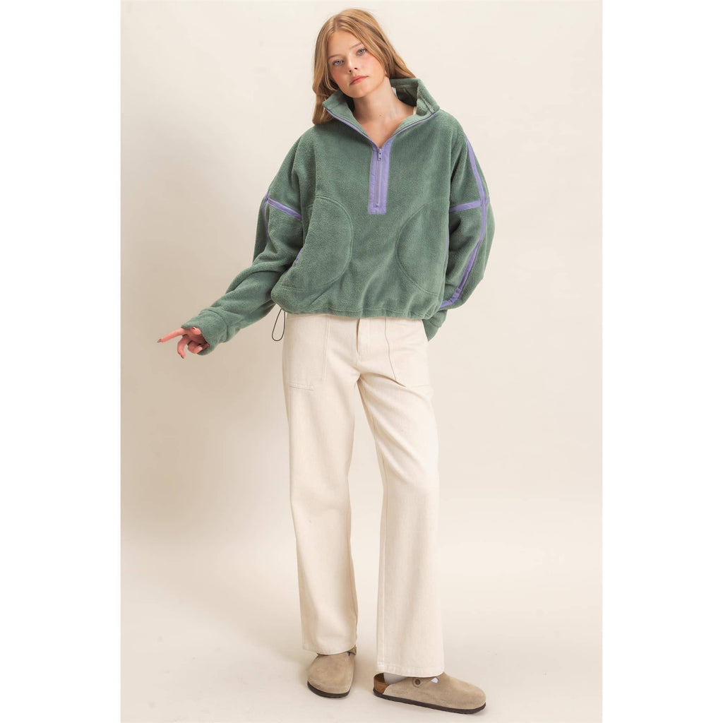 Contrast Trim Half-Zip Fleece Pullover