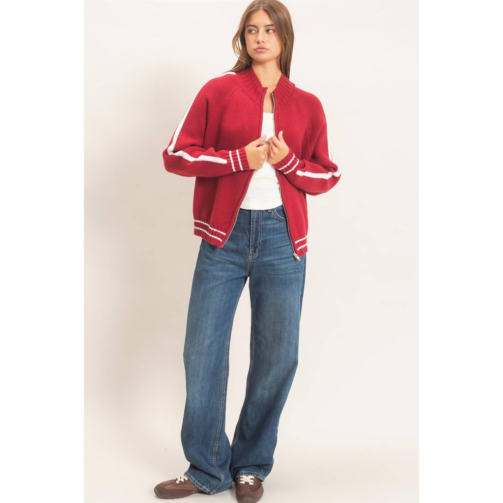 Contrast Stripe Zip-Up Sweater