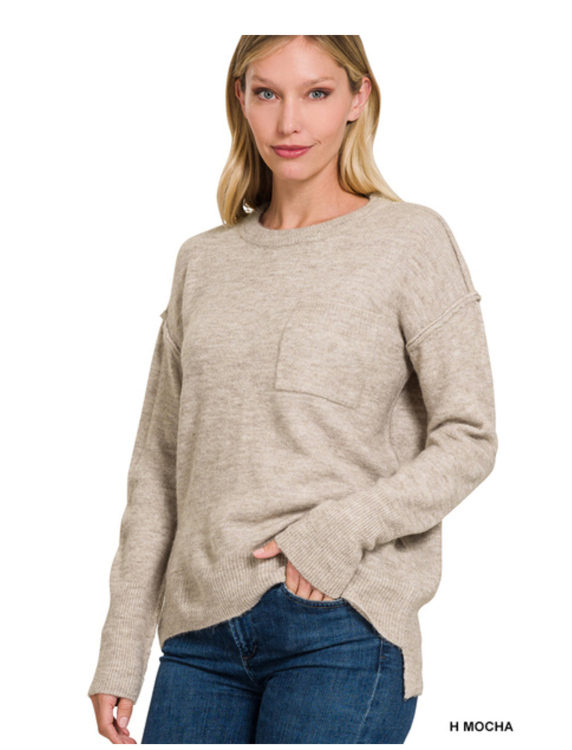 Hi-Low Hem Pocket Round Neck Sweater