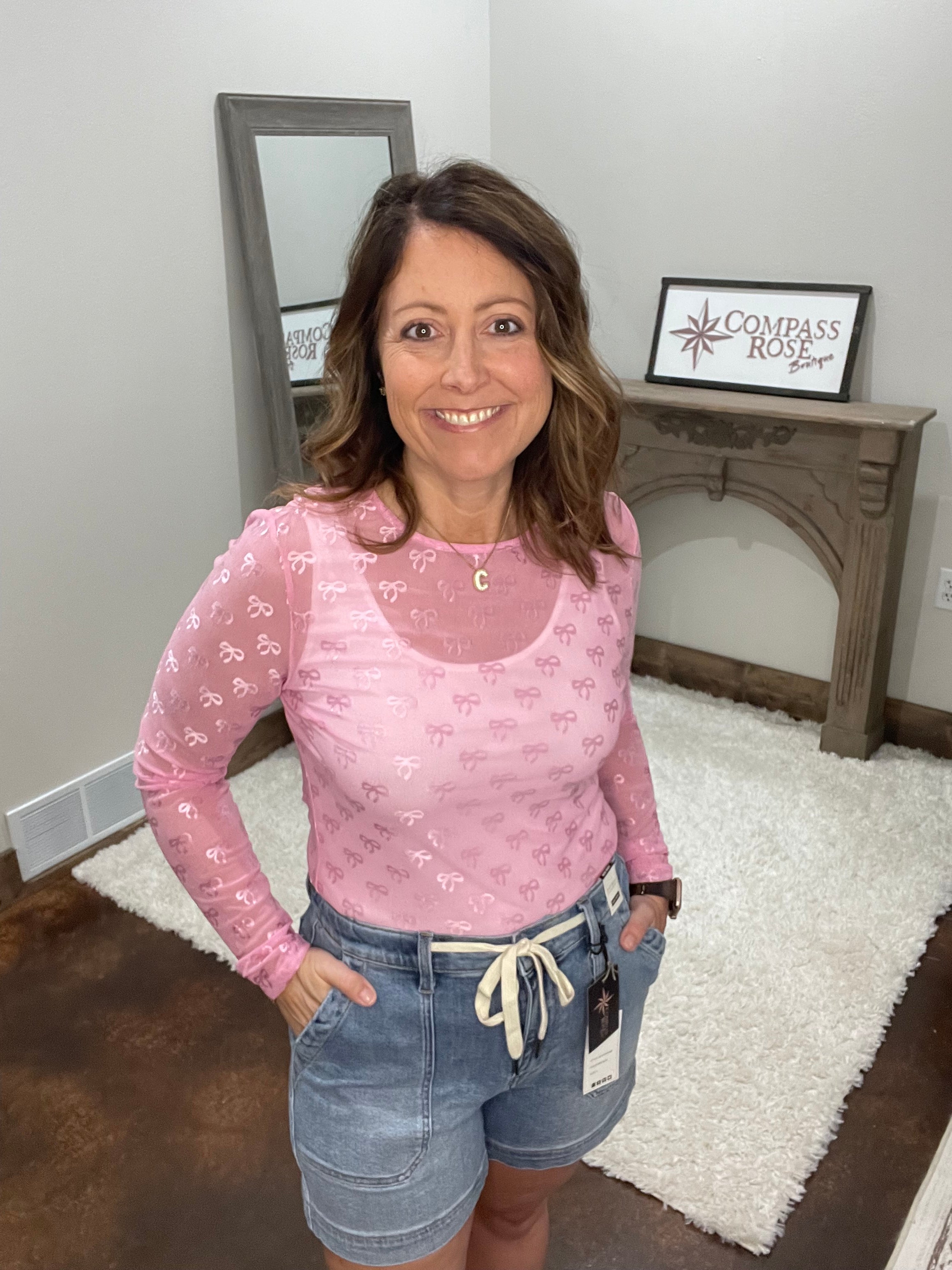 Mesh Bow Pattern Long Sleeve Top