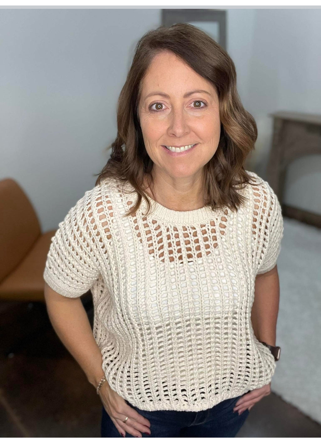 Fish Net Short Sleeve Crochet Sweater