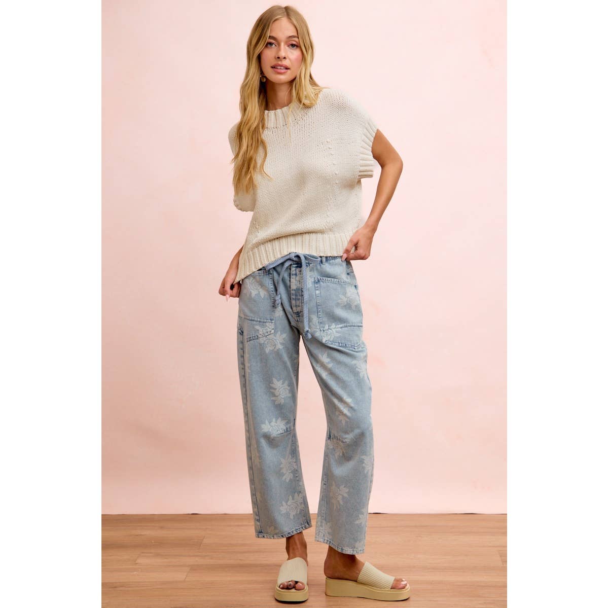 Rose Printed Washed Denim Pants