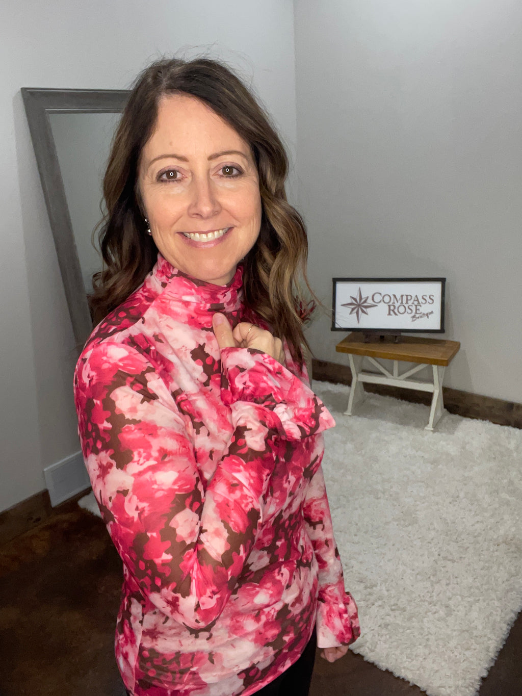 Rose Floral Mesh Flounce Sleeve Mock Neck Blouse