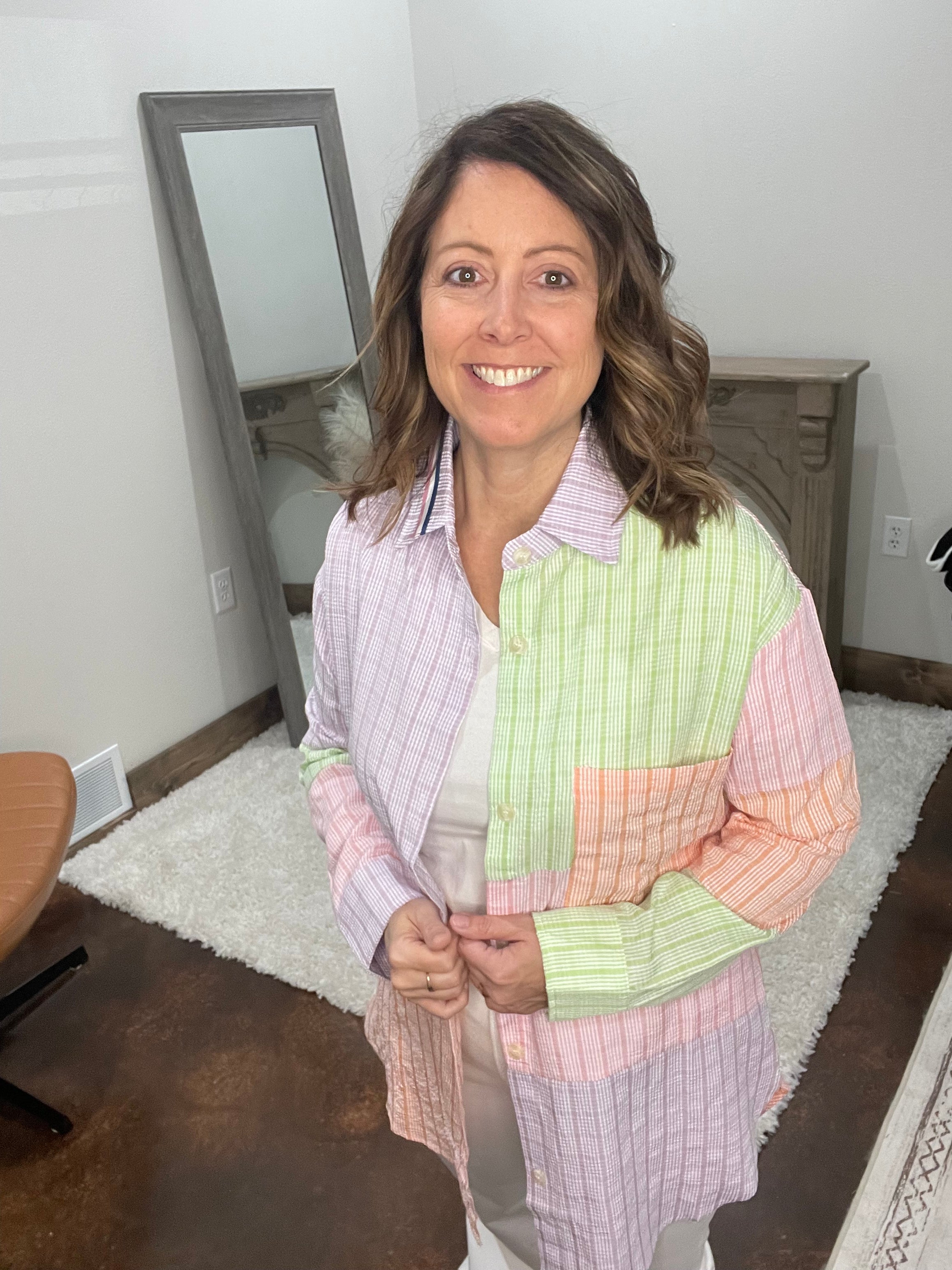 MULTI COLOR PLAID COLOR BLOCK BUTTON FRONT SHIRT