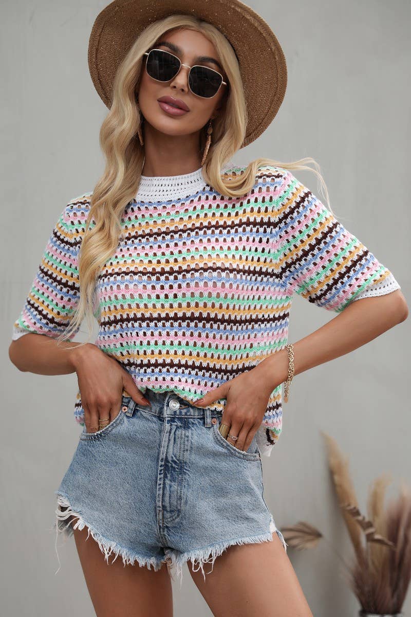 Crochet Short Sleeve Pullover Sweater