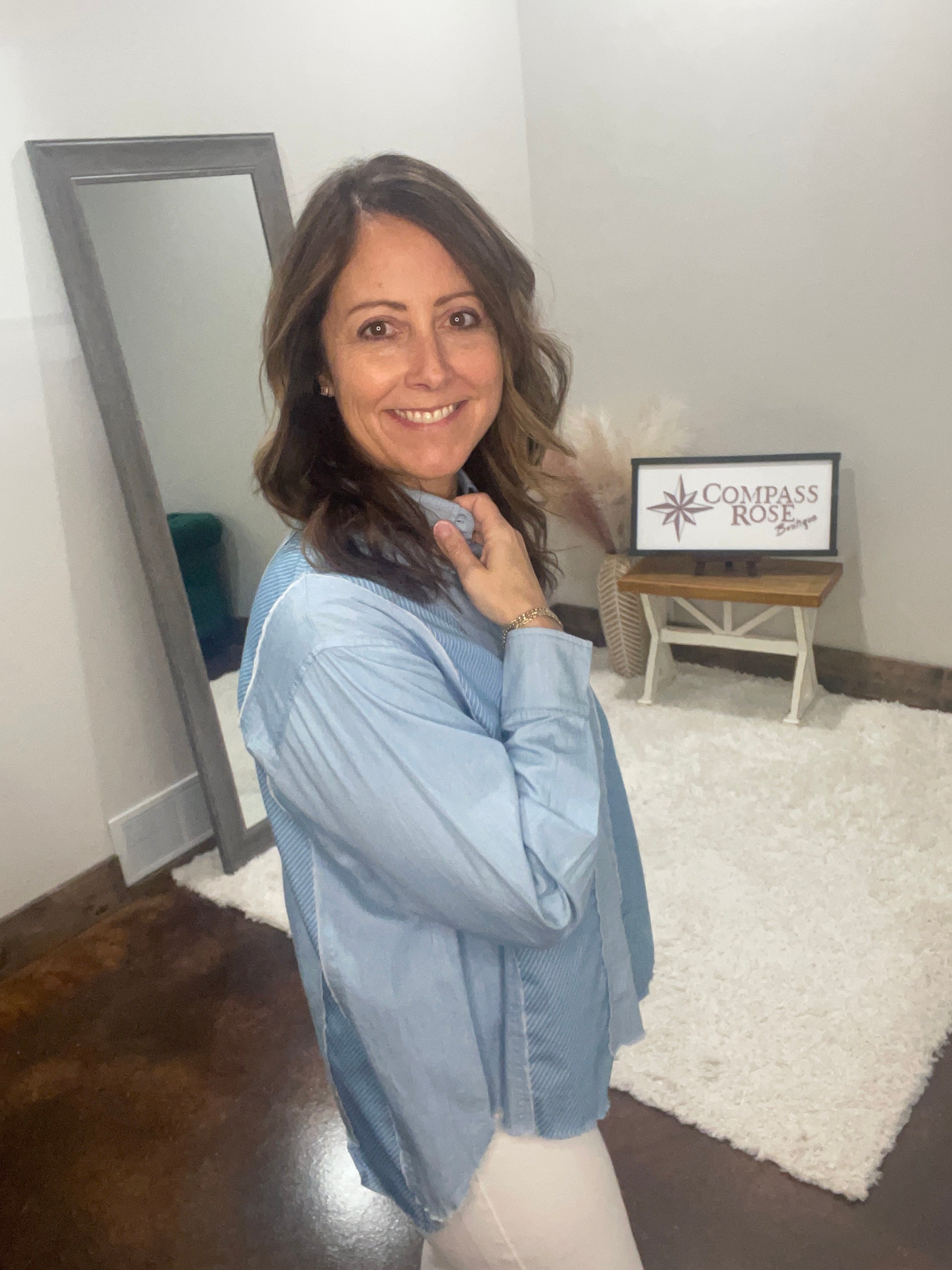 Mixed Fabric Denim Button Down Top