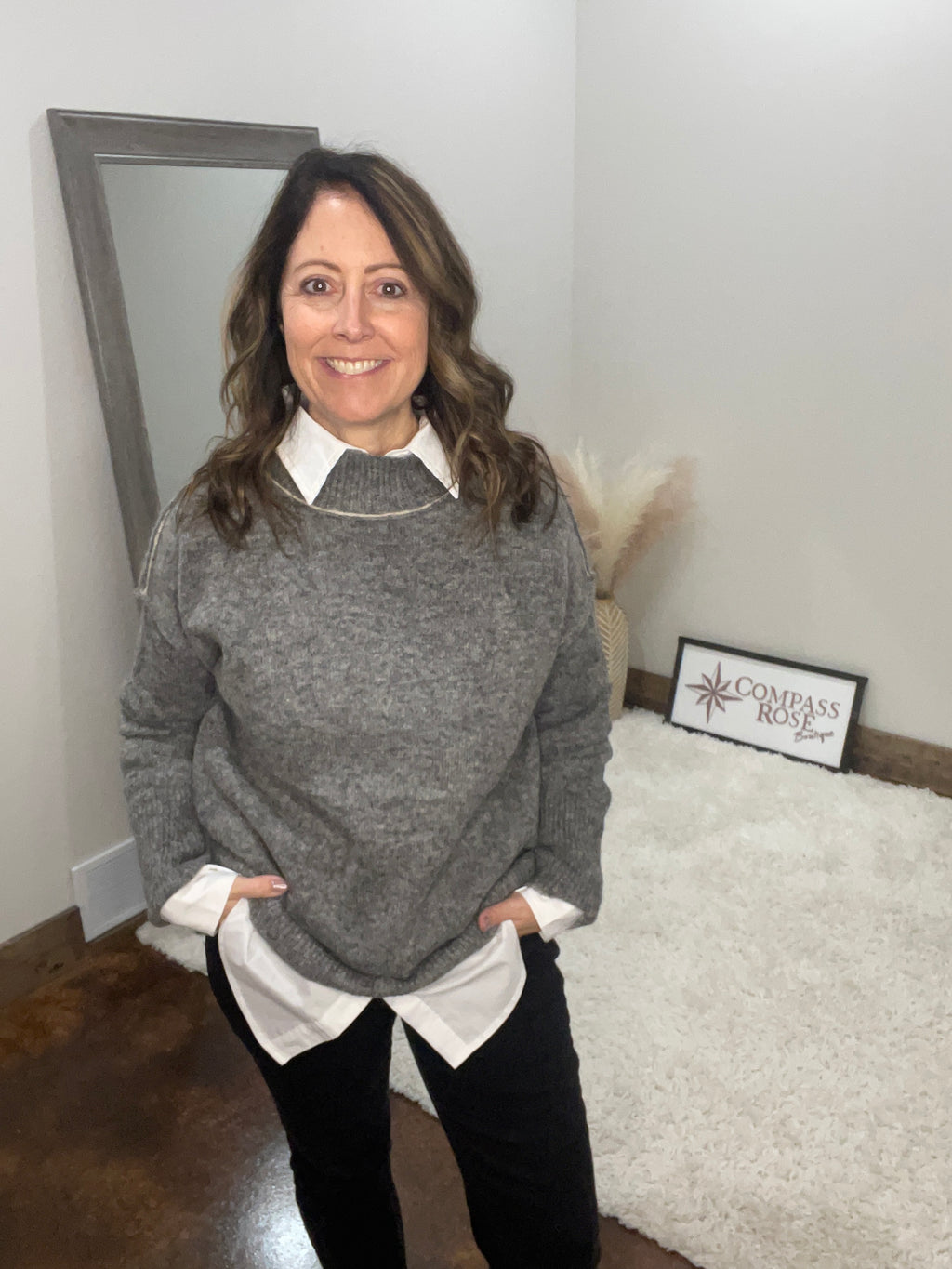 Loose Fit Mock Neck Exposed Seaming Detailed Sweater