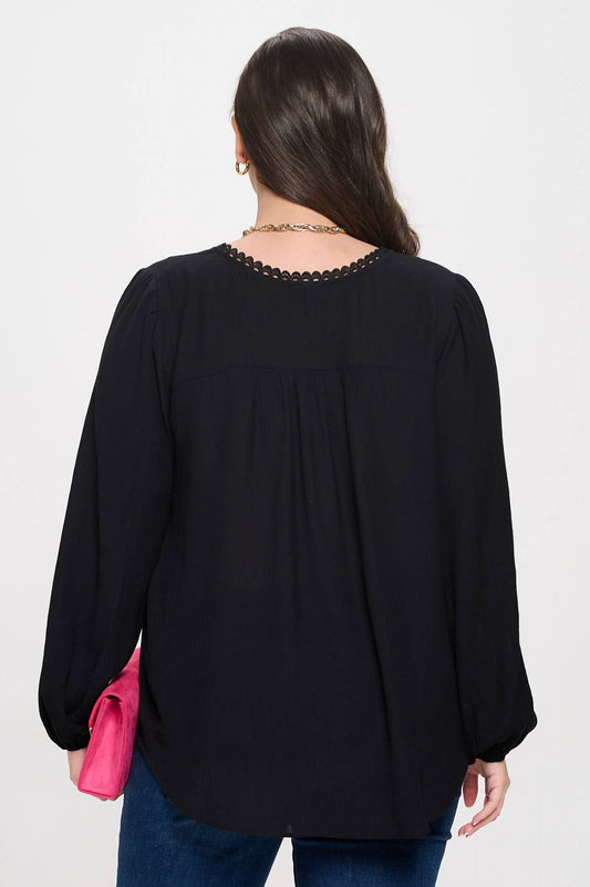 SPLIT NECK EYELET TRIM LONG SLEEVE KNIT TOP