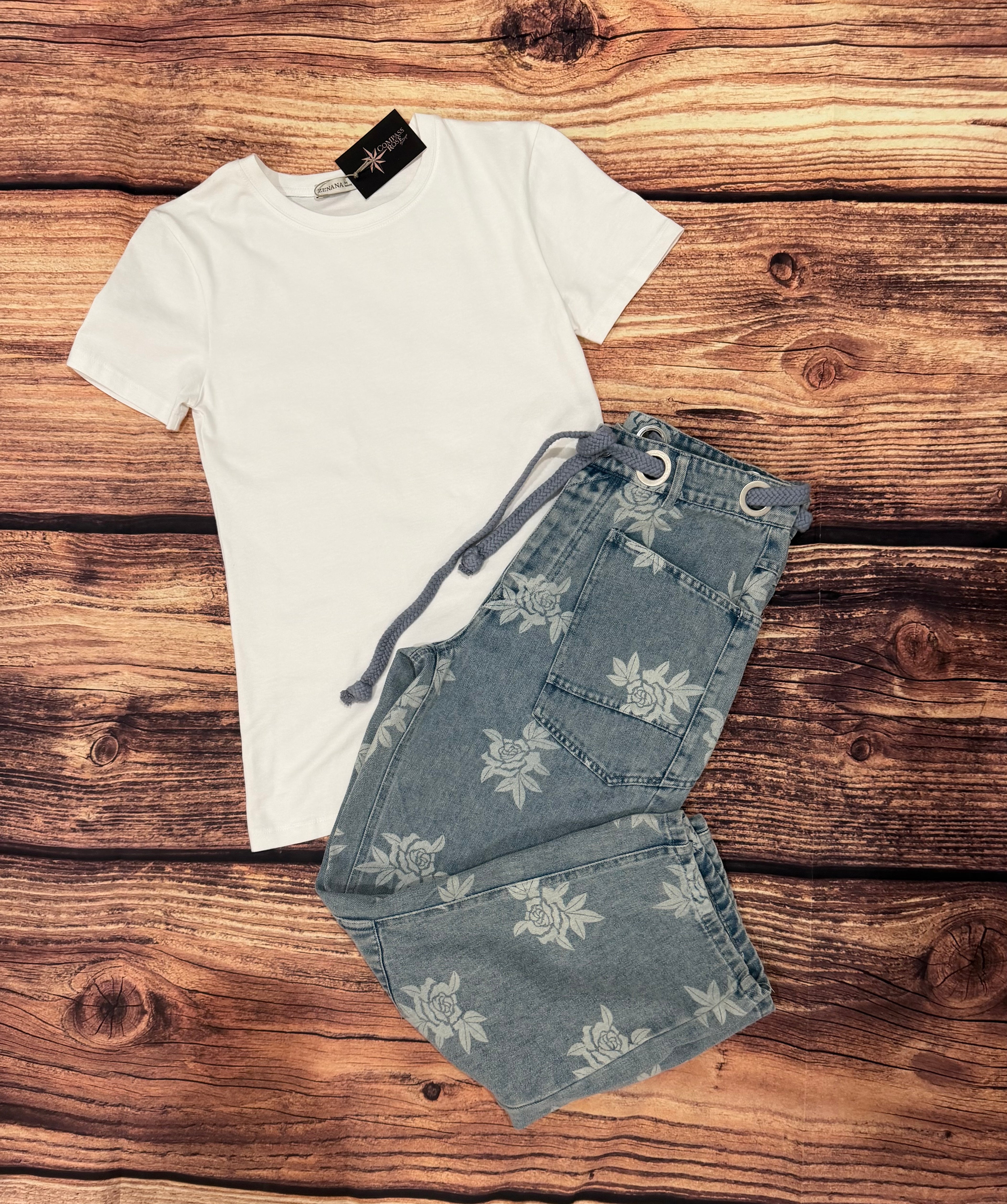 Rose Printed Washed Denim Pants