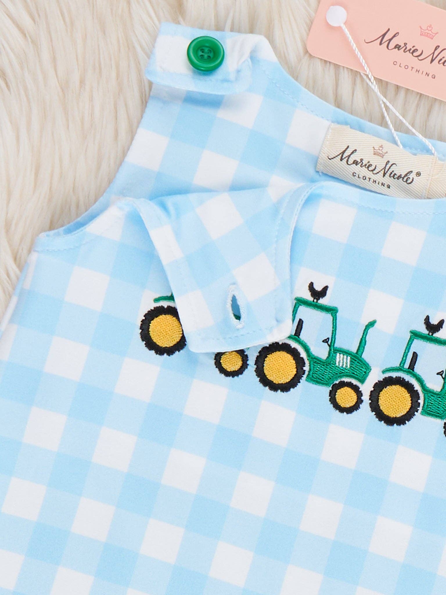 Little Farmer’s Embroidered Plaid Romper