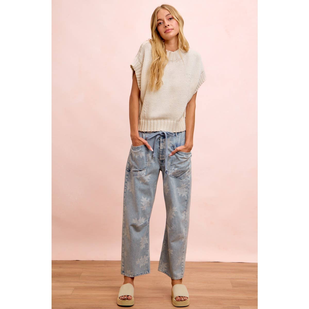 Rose Printed Washed Denim Pants