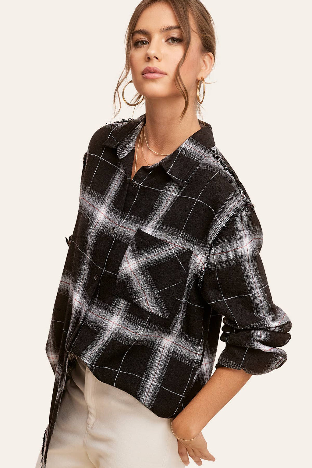 Loose Fit Button Down Cut Edge Detailed Plaid Shirts