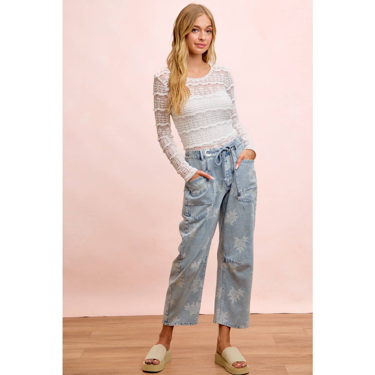 Rose Printed Washed Denim Pants