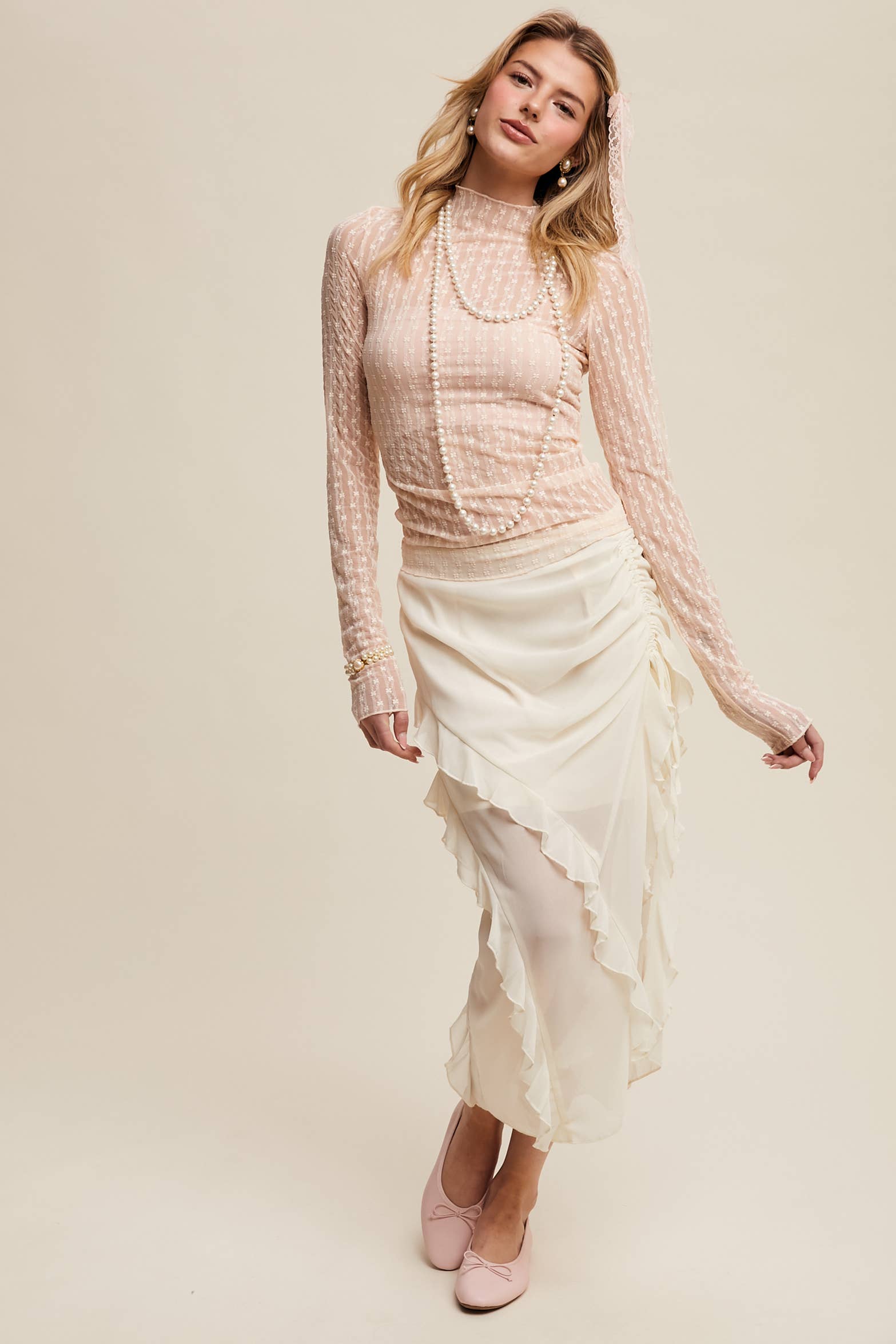 Semi Sheer Textured Lace Long-Sleeve Layering Top