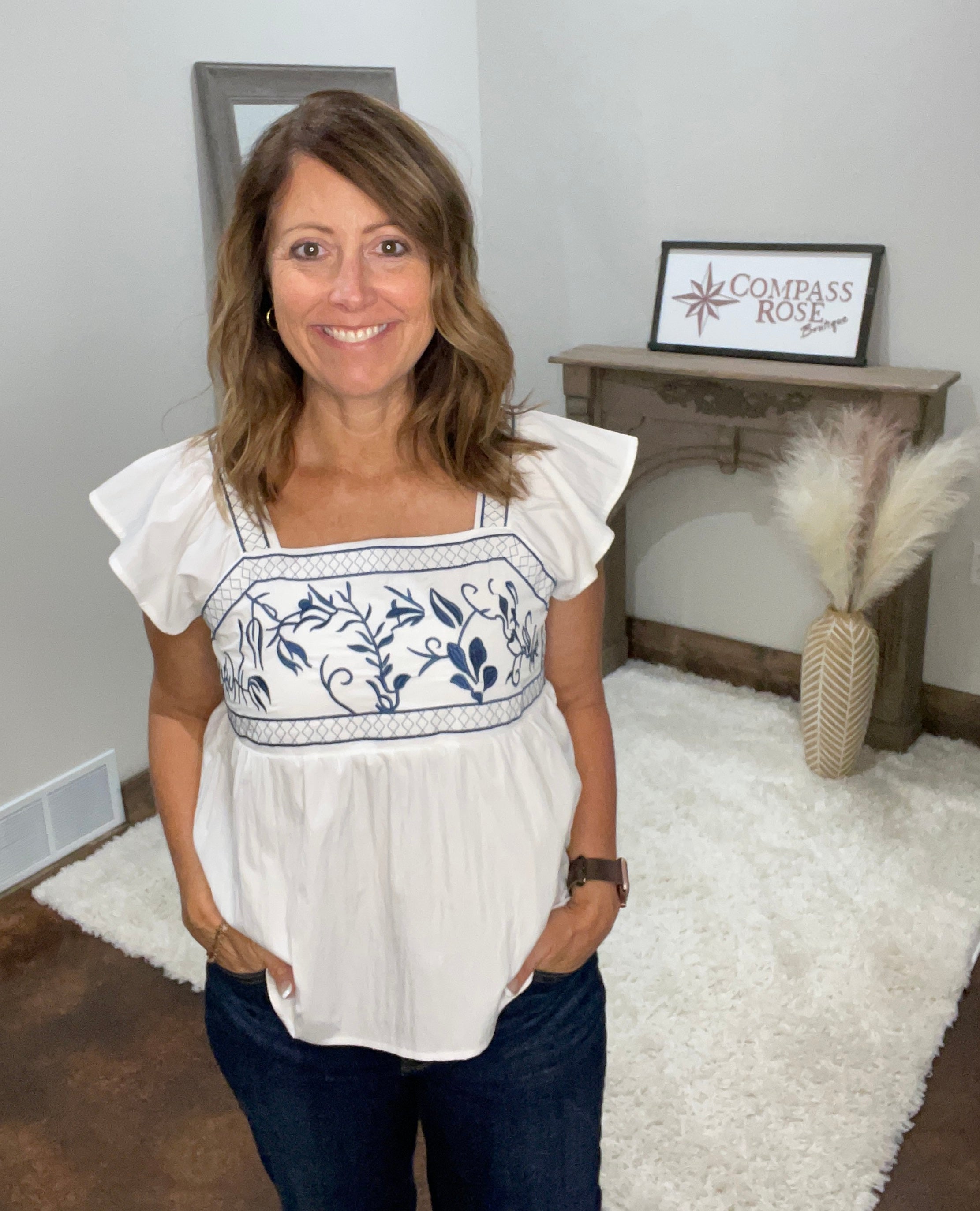 Embroidered Tie-Back Blouse