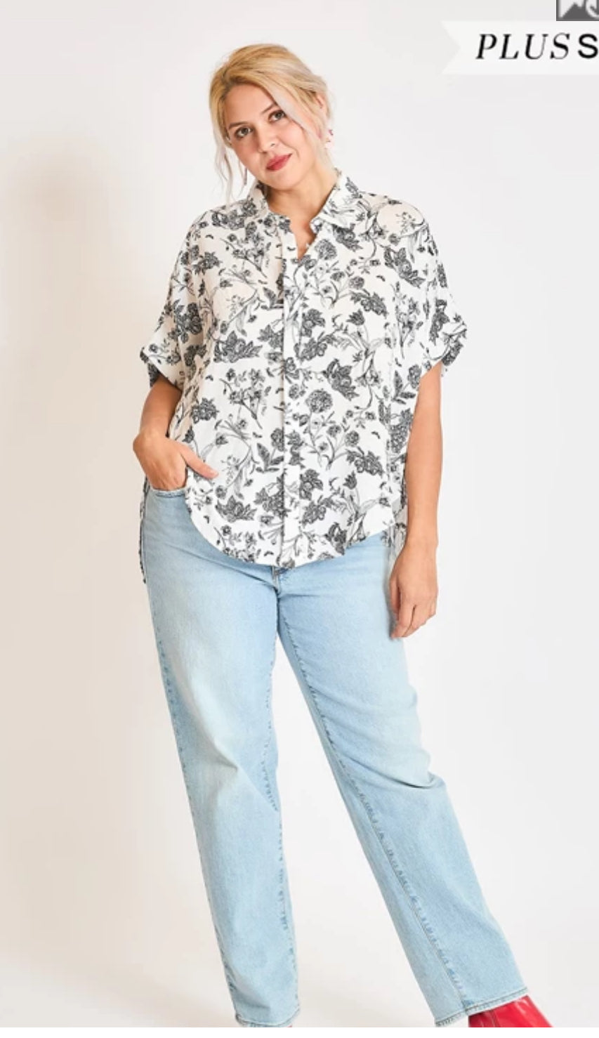 Two Tone Floral Print Button Down Top