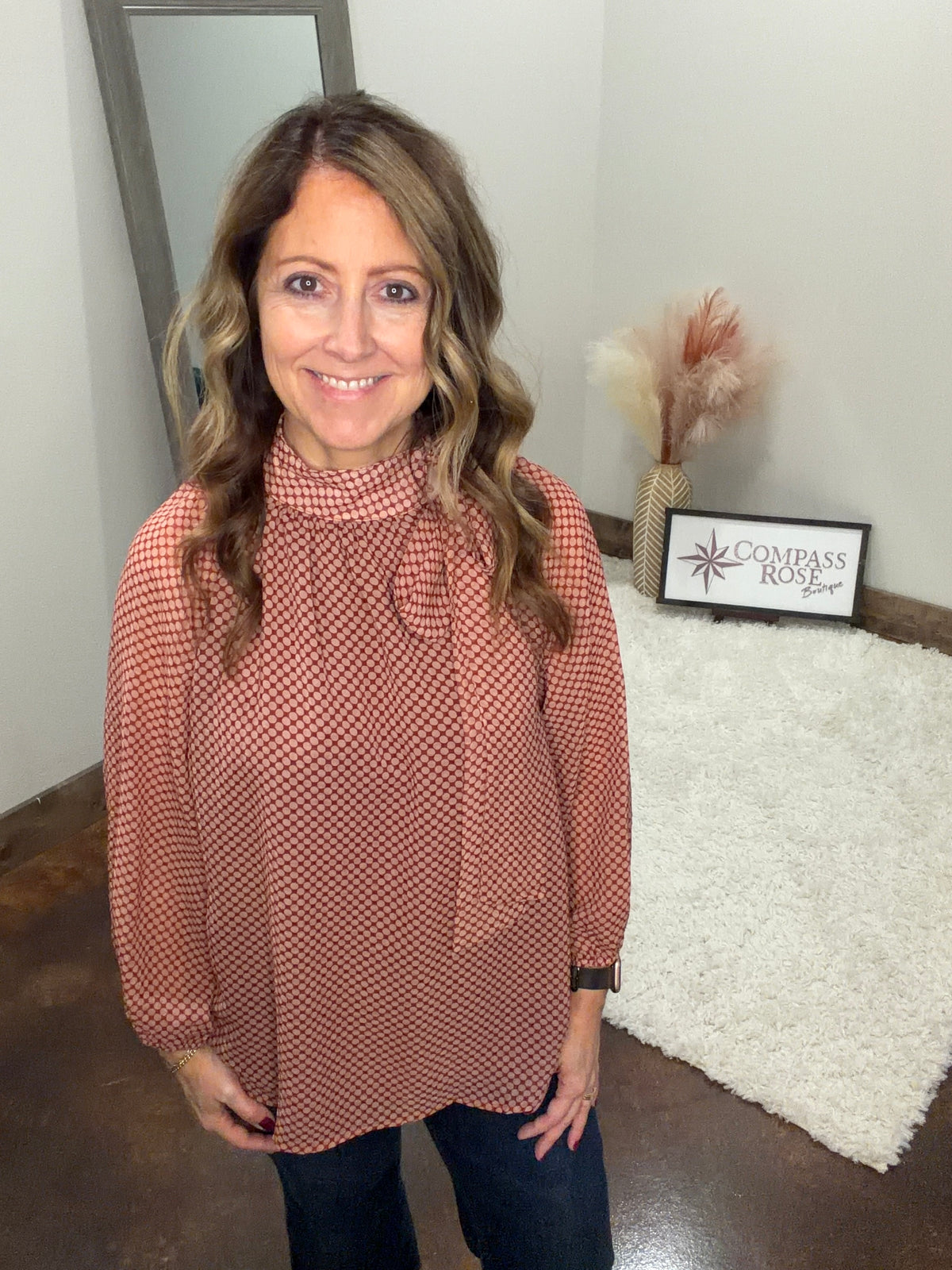 Dot Print Tie Neck Blouse