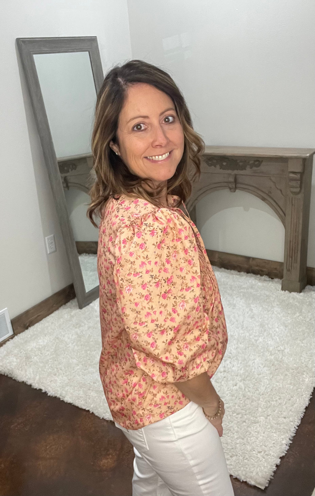 Ditsy Floral Print Bow Front Puff Sleeve Blouse