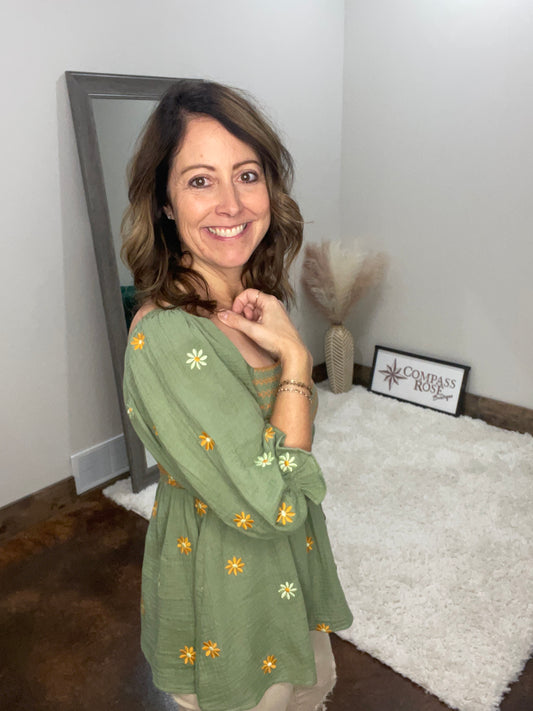 Gauze Floral Embroidered Peplum Top