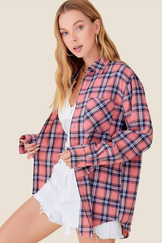 Loose Fit Button Down Soft Fabric Plaid Shirts