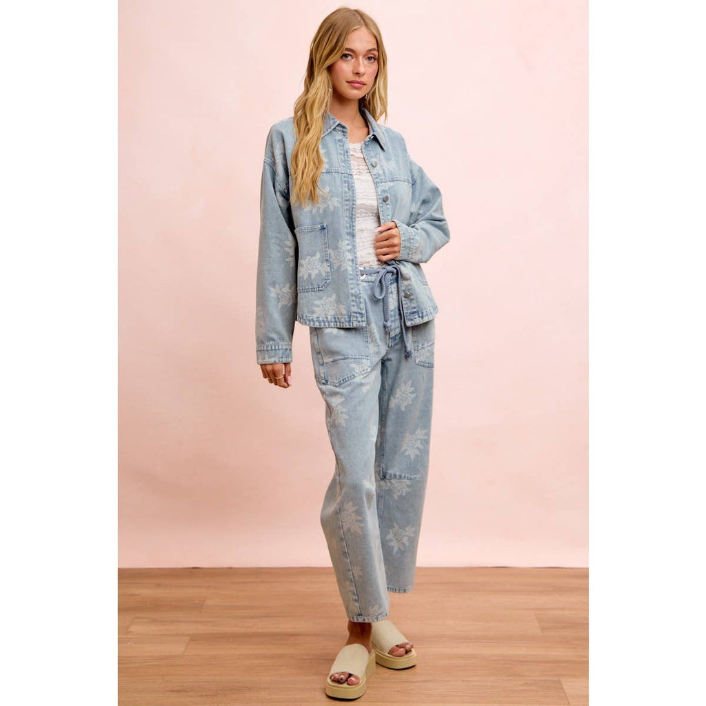 Rose Printed Washed Denim Pants