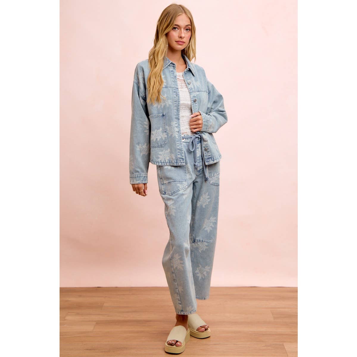 Rose Printed Washed Denim Pants