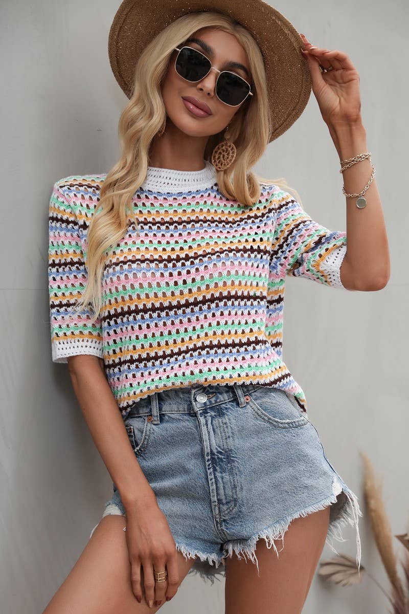 Crochet Short Sleeve Pullover Sweater