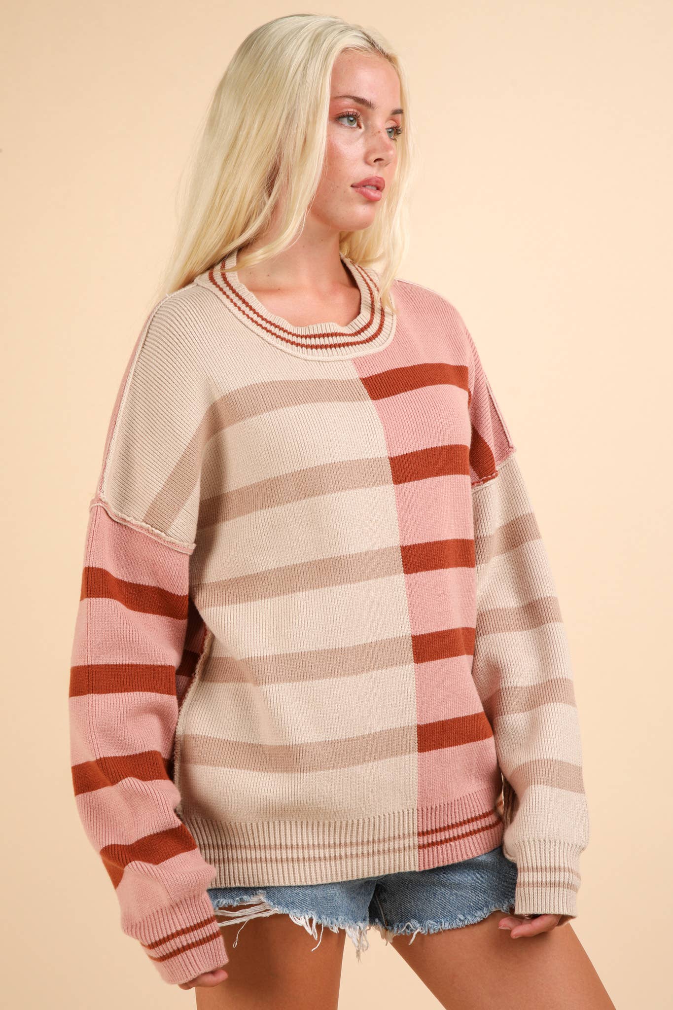 Color Block Oversized Striped Knit Sweater