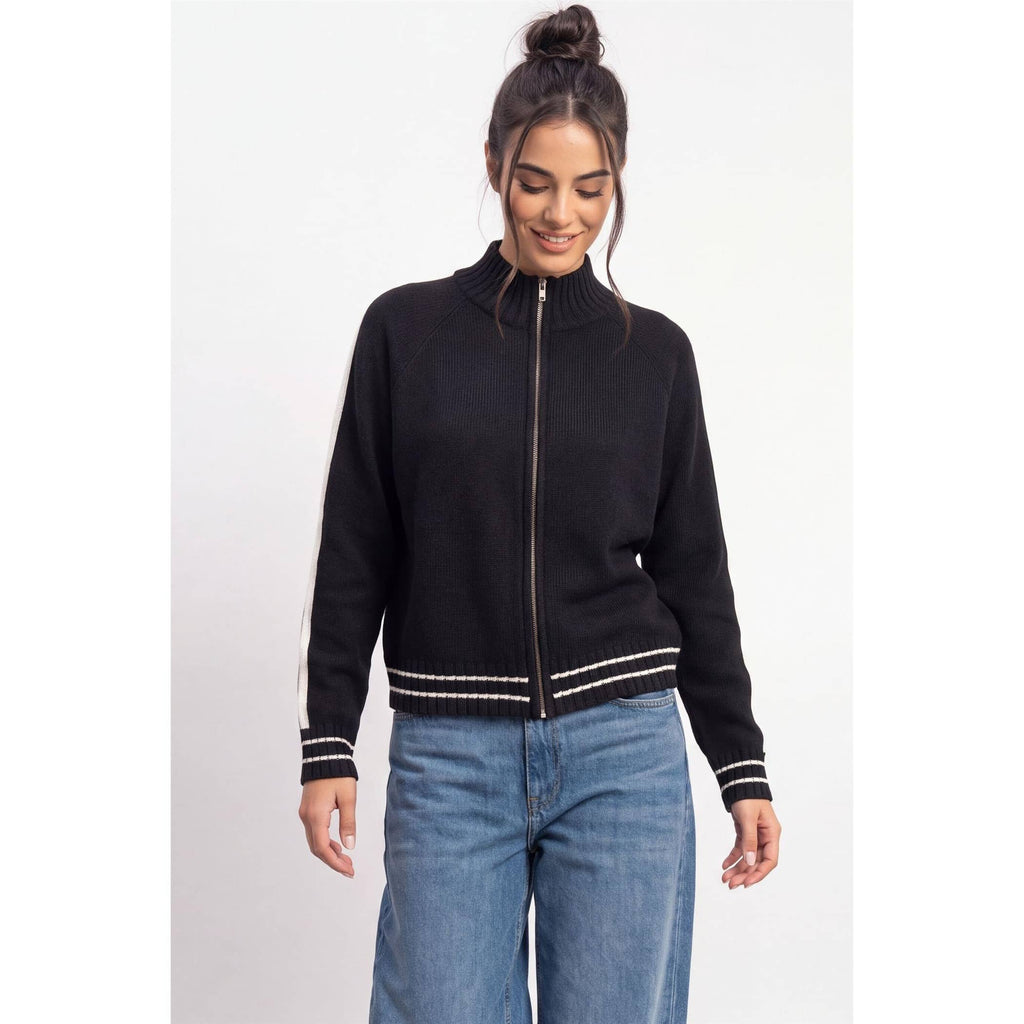 Contrast Stripe Zip-Up Sweater