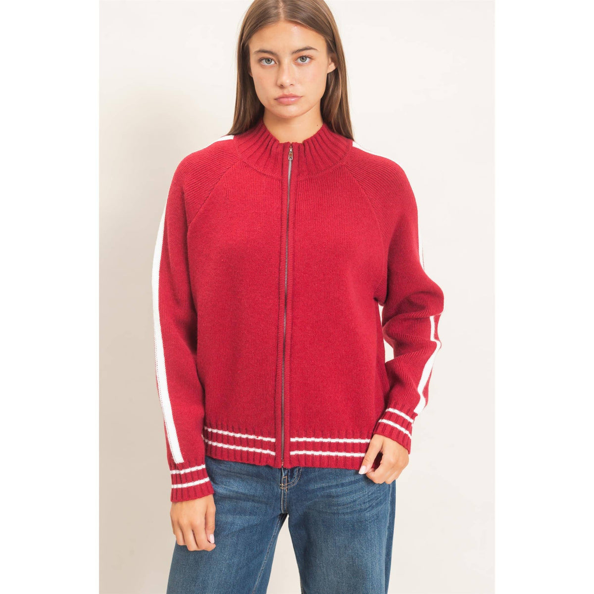 Contrast Stripe Zip-Up Sweater
