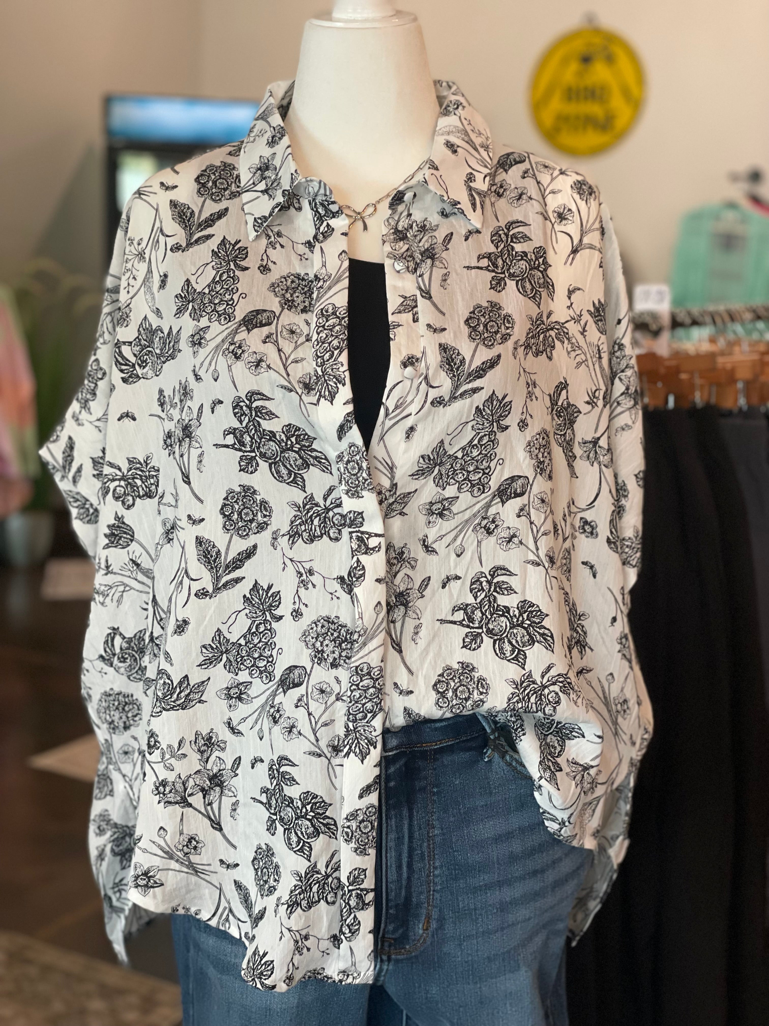 Two Tone Floral Print Button Down Top