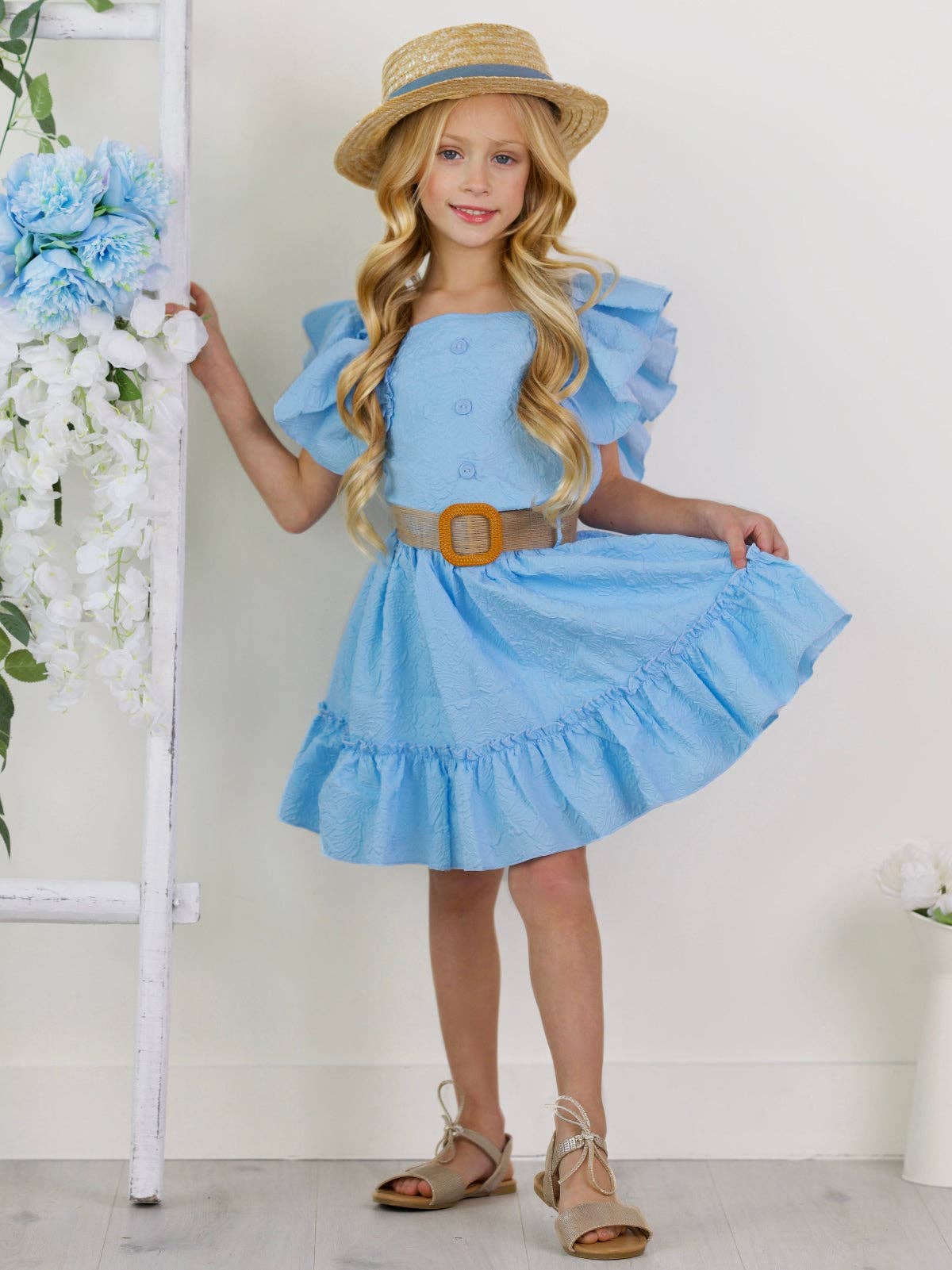 Sky Blue Ruffle Sleeve Belted Skirt Set