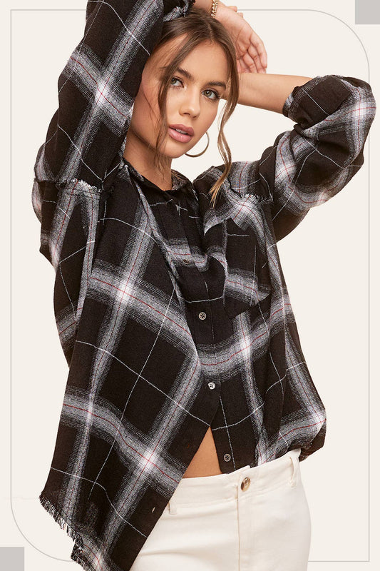 Loose Fit Button Down Cut Edge Detailed Plaid Shirts